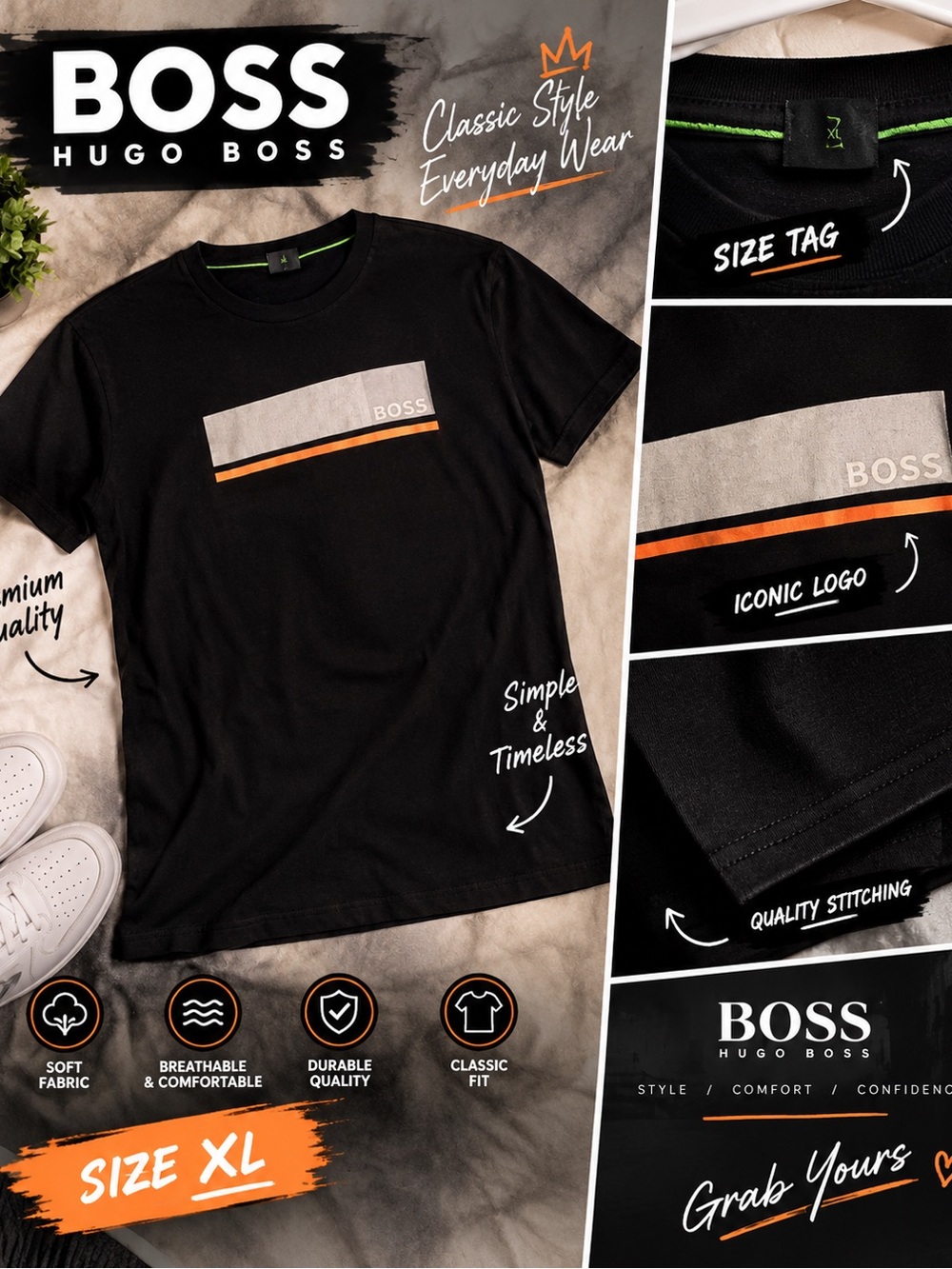 Hugo Boss Black Tee with Gray and Orange Stripe